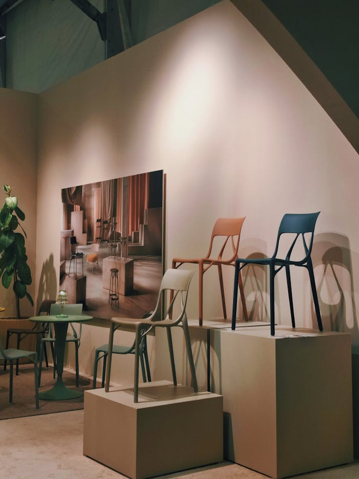 Elegant display of contemporary designer chairs in a modern interior setting with warm tones.